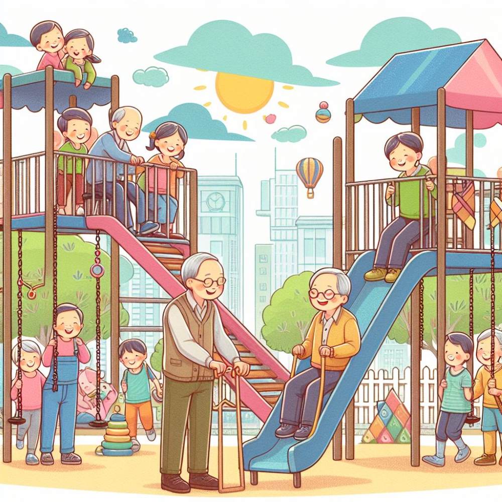 Zu sehen ist: eine Zeichnung eines Spielplatzes mit Kindern und älteren Leuten